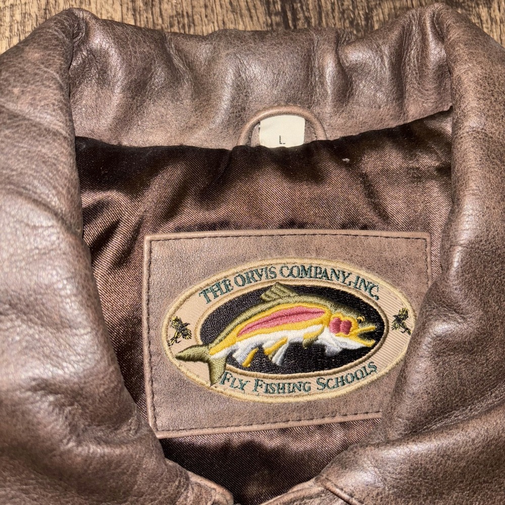 Vintage Orvis Fly Fishing Schools Leather Jacket Mens Large Brown Lined Full Zip - Picture 2 of 15